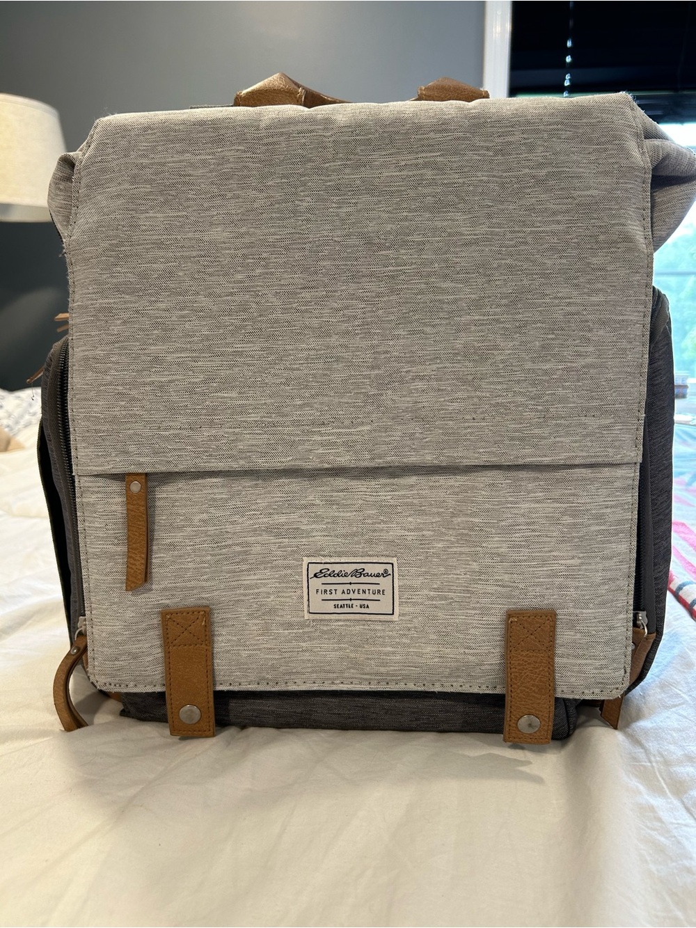 Eddie Bauer diaper bag Light Gray Canvas Backpack with Tan Accents